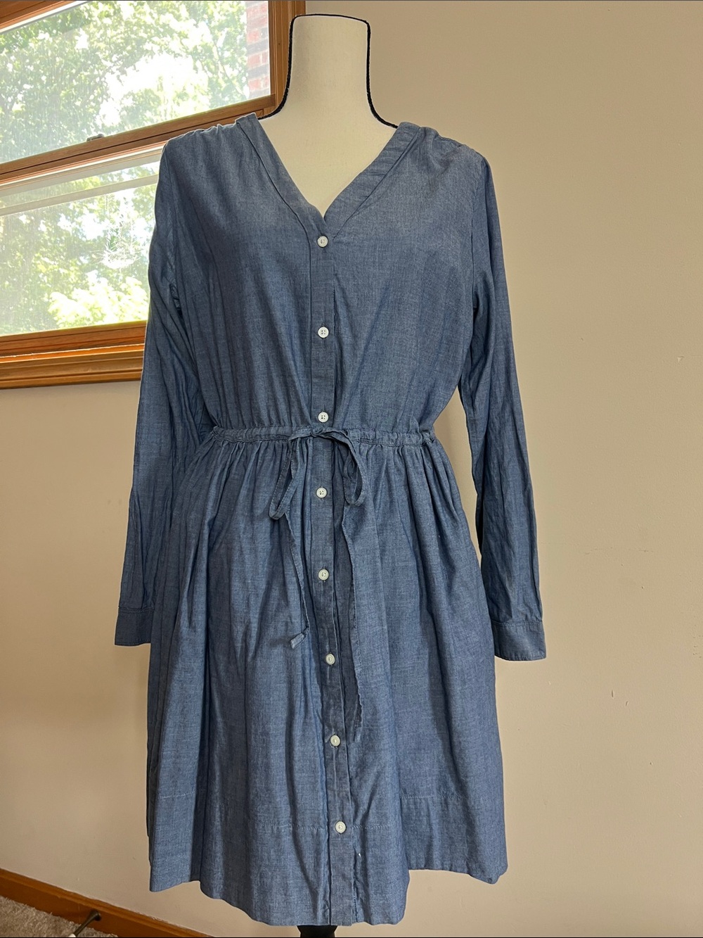 👖🙅‍♂️🛋️🛜GAP Blue Button-Front Long Sleeve Shirt Dress with Drawstring Waist